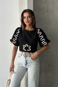 Topshow Siyah Sutaşı Detaylı Toptan Bluz
