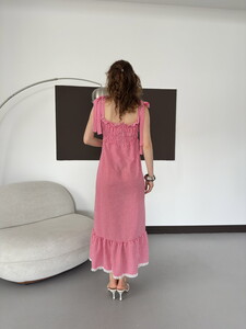 D 3108 OMUZ BAĞLAMALI FIRFIR YAKA PİTİKARE ELBİSE - PEMBE #5