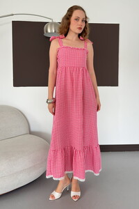 D 3108 OMUZ BAĞLAMALI FIRFIR YAKA PİTİKARE ELBİSE - PEMBE