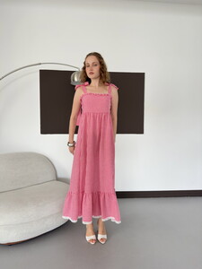 D 3108 OMUZ BAĞLAMALI FIRFIR YAKA PİTİKARE ELBİSE - PEMBE #3