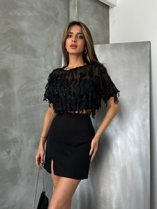 Topshow Siyah Simli Saçaklı Toptan Bluz #2