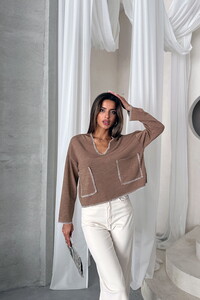 Topshow Kahve Çoban Dikişli Triko Toptan Bluz F1652