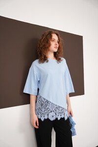 Dantel Detaylı Asimetrik Tişört - Mavi | D2953 - Topshow #2