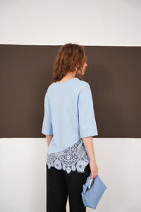 Dantel Detaylı Asimetrik Tişört - Mavi | D2953 - Topshow #5