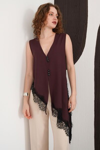 Sıfır Kol Toptan Etek Ucu Dantel V Yaka Toptan Bluz - Mürdüm | D2993 - Topshow