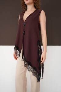 Sıfır Kol Toptan Etek Ucu Dantel V Yaka Toptan Bluz - Mürdüm | D2993 - Topshow #4