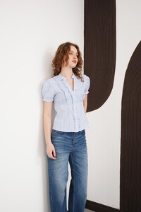 Çizgili Fırfırlı Toptan Gömlek - Çizgili Mavi | D3021 - Topshow #2