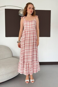 D 3109 OMUZ BAĞLAMALI FIRFIR YAKA ELBİSE - PEMBE #1