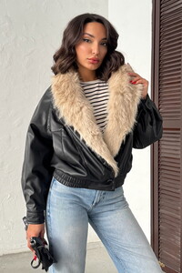 F 2050 YAKASI KÜRKLÜ KRUVAZE DERİ MONT - SİYAH TAŞ