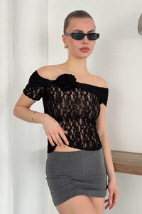 Gül Detaylı Dantel Toptan Abiye Bluz- Siyah | TOPSHOW #3