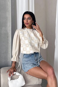 Topshow Taş Krem Dantel Detaylı Toptan Bluz
