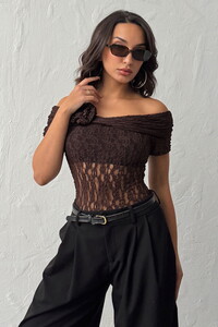 Topshow  | Gül Detaylı Dantel Bluz - Kahve | D2749 #1