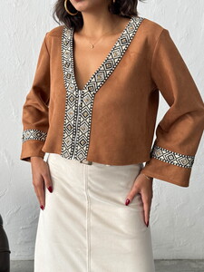 Topshow Şerit Detaylı Scuba Süet Fermuarlı Ceket - TABA | F1971 #3