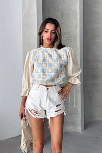 Topshow Taş Mavi Dantel Detaylı Toptan Bluz