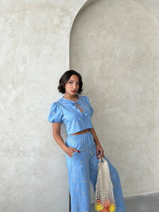 Embroidered Front Tie Wholesale Blouse - Light Blue | To show #3