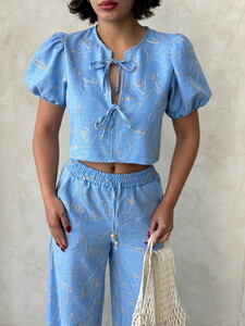 Embroidered Front Tie Wholesale Blouse - Light Blue | To show #4
