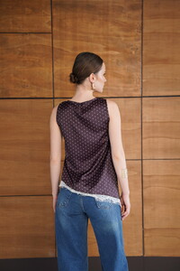 D 2961 DANTEL DETAYLI PUANTİYELİ SATEN T SHIRT - KAHVE #5