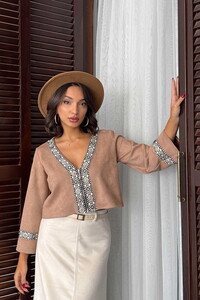 Topshow Şerit Detaylı Scuba Süet Fermuarlı Ceket - VİZON | F1971 #1