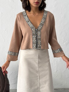 Topshow Şerit Detaylı Scuba Süet Fermuarlı Ceket - VİZON | F1971 #4