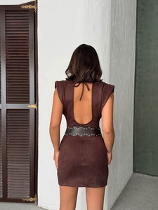 F 2028 DROPLU KEMERLİ SCUBA SÜET ELBİSE - KAHVE #5