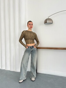 Haki Renk Uzun Kollu Transparan Toptan Bluz | Topshow | F1886 #3