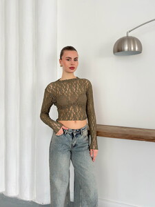 Haki Renk Uzun Kollu Transparan Toptan Bluz | Topshow | F1886 #5