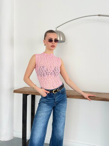 Sıfır Kol Dantel Toptan Bluz - Pembe | Topshow #3