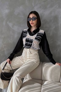 Topshow Siyah Önü Çiçekli Kolu Keten Toptan Bluz #1