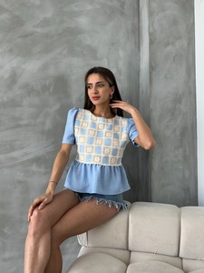 Topshow Mavi Mavi Dantel Detaylı Toptan Bluz #3