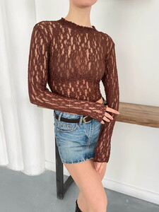 Kahverengi Uzun Kollu Transparan Toptan Bluz | Topshow | F1886 #4