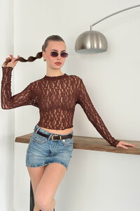 Kahverengi Uzun Kollu Transparan Toptan Bluz | Topshow | F1886