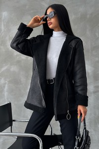 Topshow Siyah Deri Fermuarlı Yakası Kürklü Toptan Mont