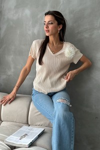 Topshow Taş Çiçek Detaylı TOPTAN T-SHİRT
