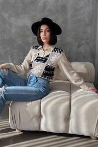 Topshow Taş Önü Çiçekli Kolu Keten Toptan Bluz