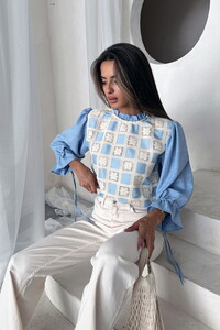 Topshow Mavi Mavi Dantel Detaylı Toptan Bluz