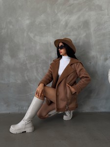 Topshow Camel Camel Deri Fermuarlı Yakası Kürklü Toptan Mont #2