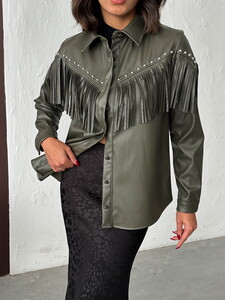 F 2043 DROPLU PÜSKÜLLÜ SUNİ DERİ GÖMLEK - HAKİ #3