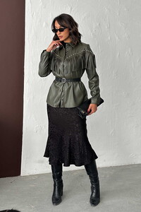 F 2043 DROPLU PÜSKÜLLÜ SUNİ DERİ GÖMLEK - HAKİ