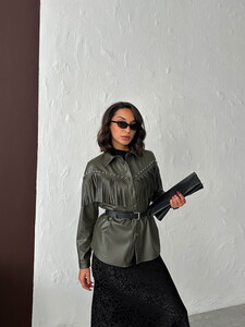 F 2043 DROPLU PÜSKÜLLÜ SUNİ DERİ GÖMLEK - HAKİ #2