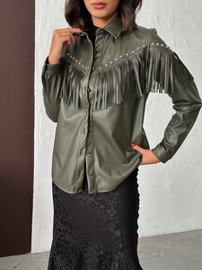 F 2043 DROPLU PÜSKÜLLÜ SUNİ DERİ GÖMLEK - HAKİ #4