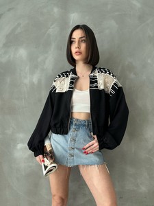 Topshow Siyah Göğsü Dantelli Toptan Ceket #3