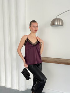 Topshow | Lace Detail Satin Tank Top - Plum | D2929 #3