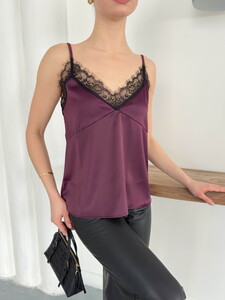 Topshow | Lace Detail Satin Tank Top - Plum | D2929 #4