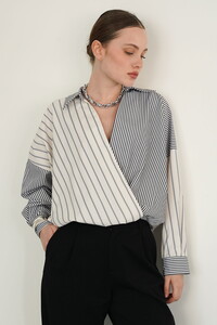 F 2094 YAKADAN ETEK UCUNA CAPRAZ DİKİM GÖMLEK - TAŞ SİYAH