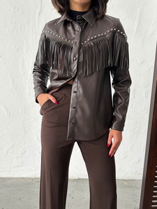 F 2043 DROPLU PÜSKÜLLÜ SUNİ DERİ GÖMLEK - KAHVE #4