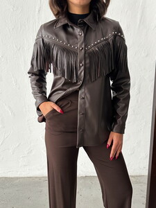 F 2043 DROPLU PÜSKÜLLÜ SUNİ DERİ GÖMLEK - KAHVE #3