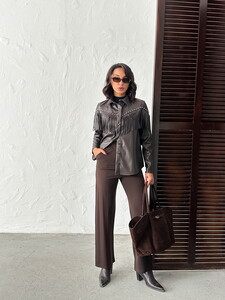 F 2043 DROPLU PÜSKÜLLÜ SUNİ DERİ GÖMLEK - KAHVE #2