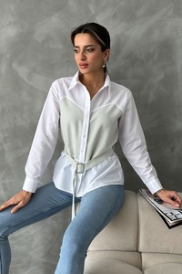 Topshow Beyaz Çağla Kemer Detaylı Toptan Gömlek