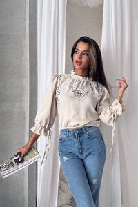Dantel Detaylı Toptan Bluz - Taş | TOPSHOW