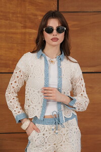 Lace Detailed Pearl Buttoned Long Sleeve Women's Wholesale Shirt - Raw Blue - Topshow | Topshow #1